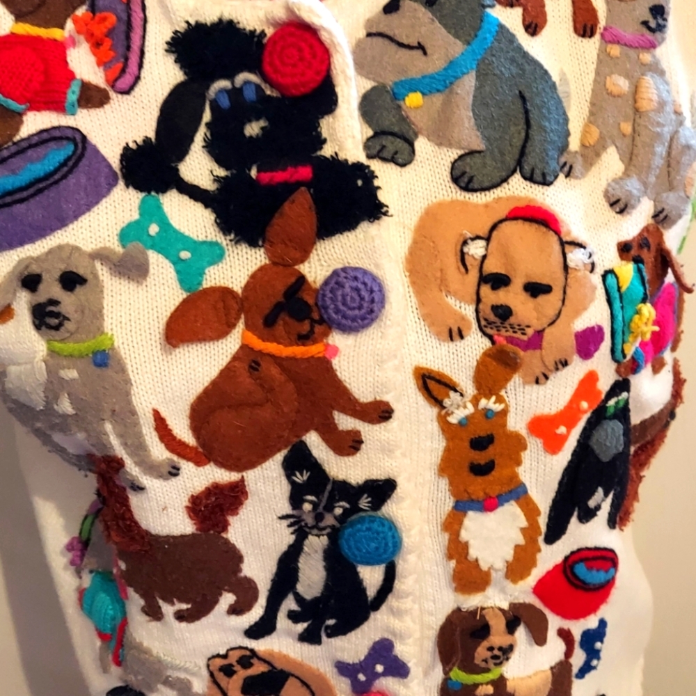 VINTAGE MICHAEL SIMON FELT DOG LOVER'S 3D SHORT SLEEVE SWEATER SIZE MEDIUM- RARE